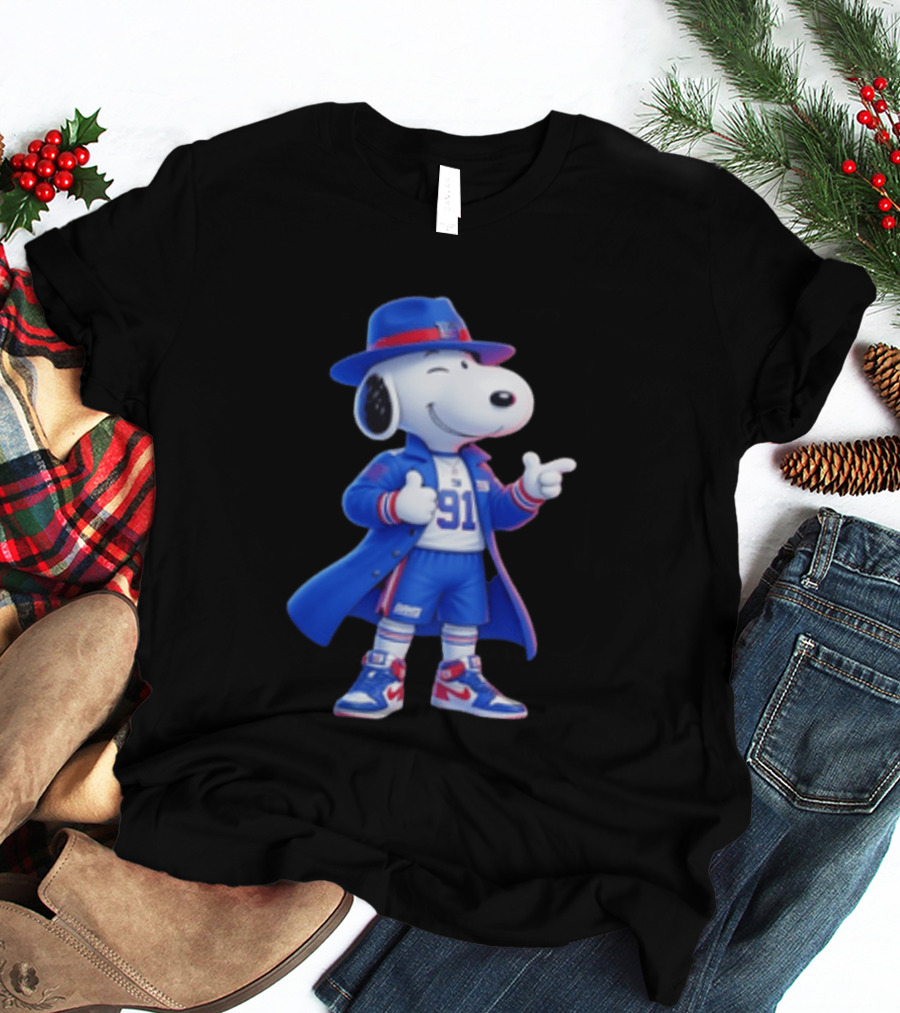 Snoopy New York Giants Football Player Cartoon Blue Coat And Hat T-Shirt