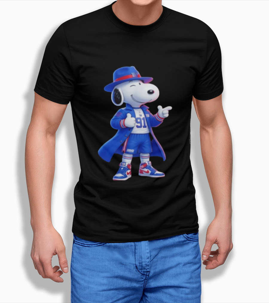 Snoopy New York Giants Football Player Cartoon Blue Coat And Hat T-Shirt