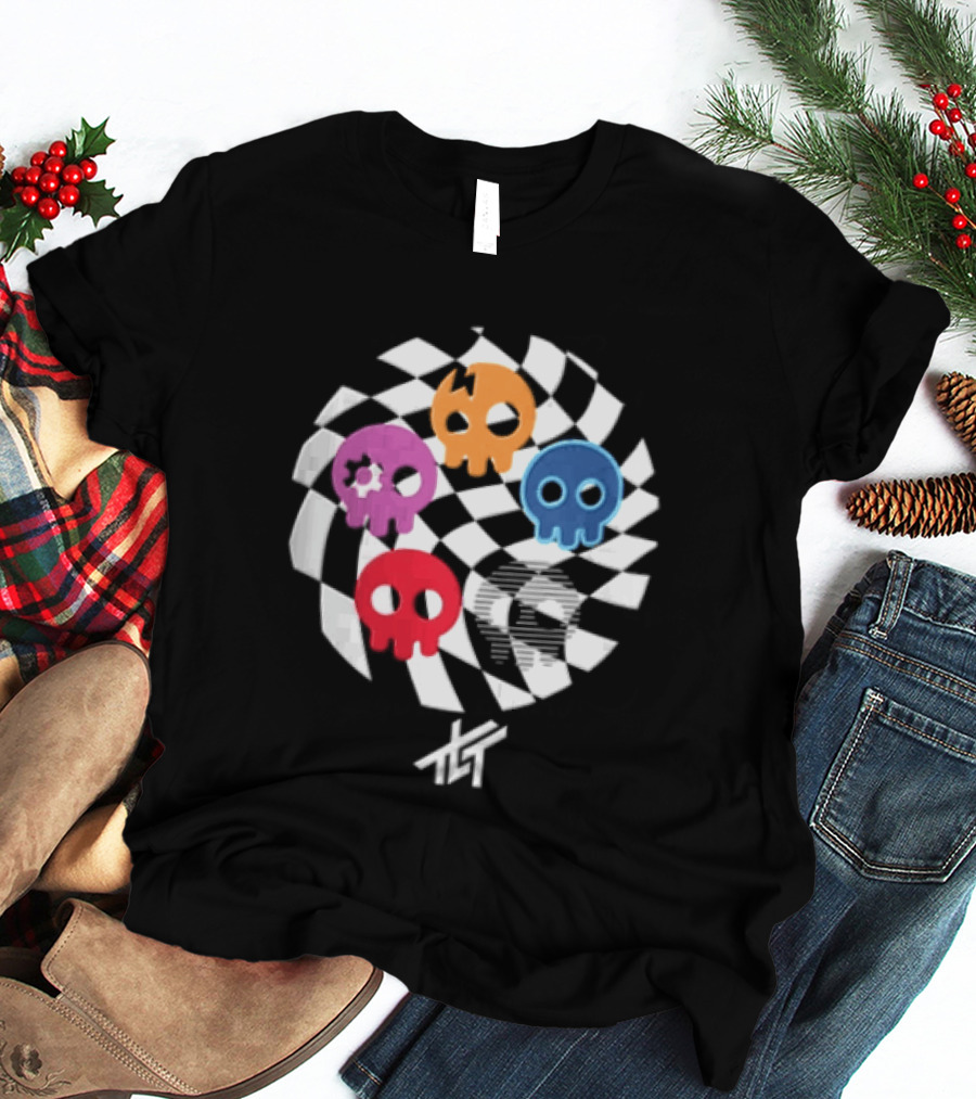 The Living Tombstone Five Colorful Skulls Checkered T-Shirt