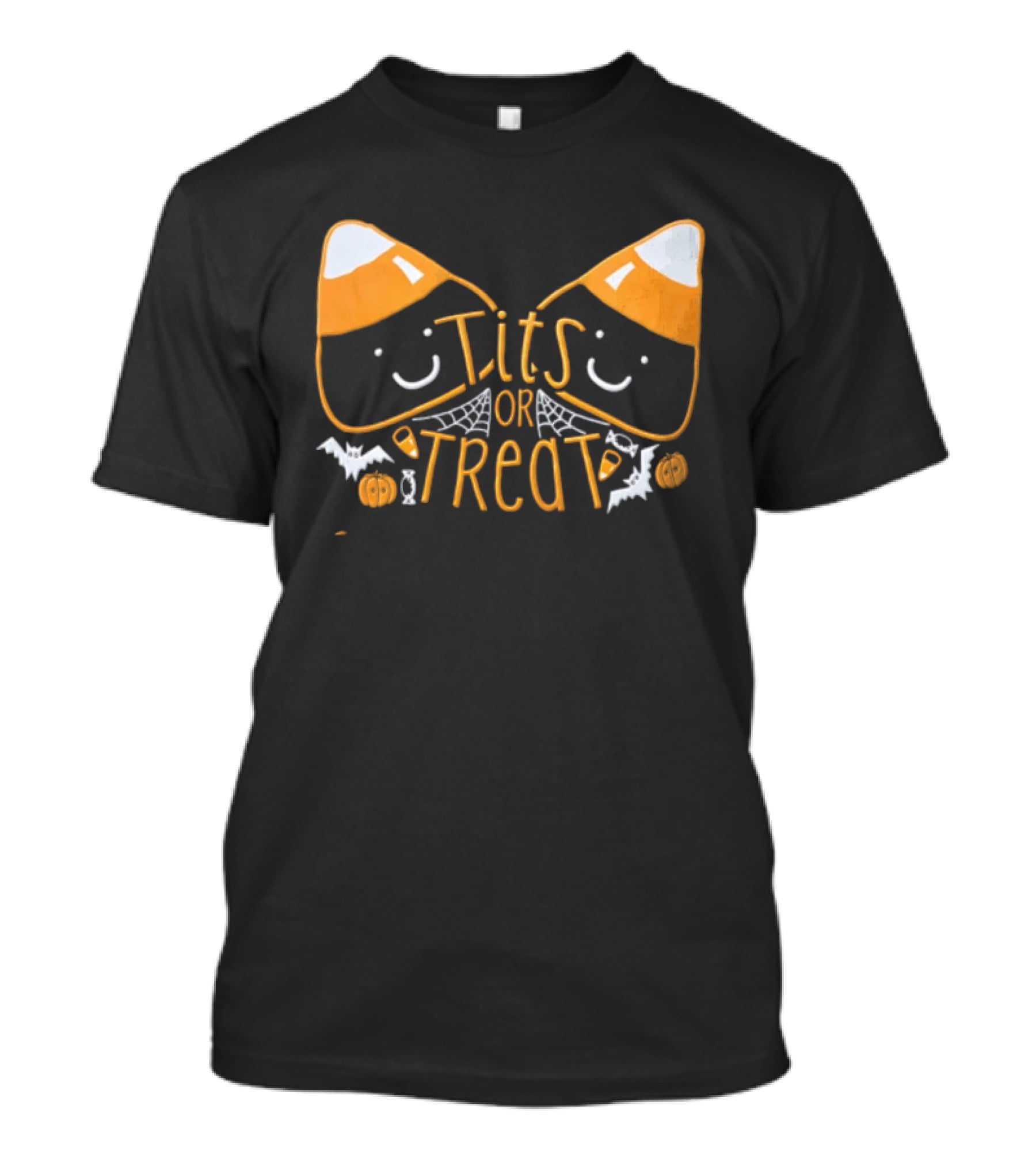 Halloween Candy Corn Faces Tits Or Treat With Spiders Webs Bats Pumpkins T-Shirt