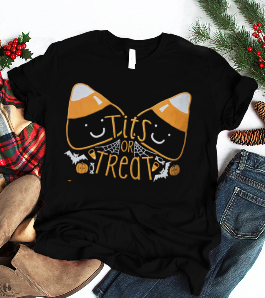 Halloween Candy Corn Faces Tits Or Treat With Spiders Webs Bats Pumpkins T-Shirt