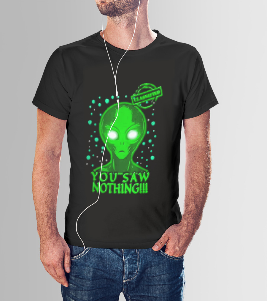 Green Alien You Saw Nothing Glowing Eyes UFO Dots T-Shirt