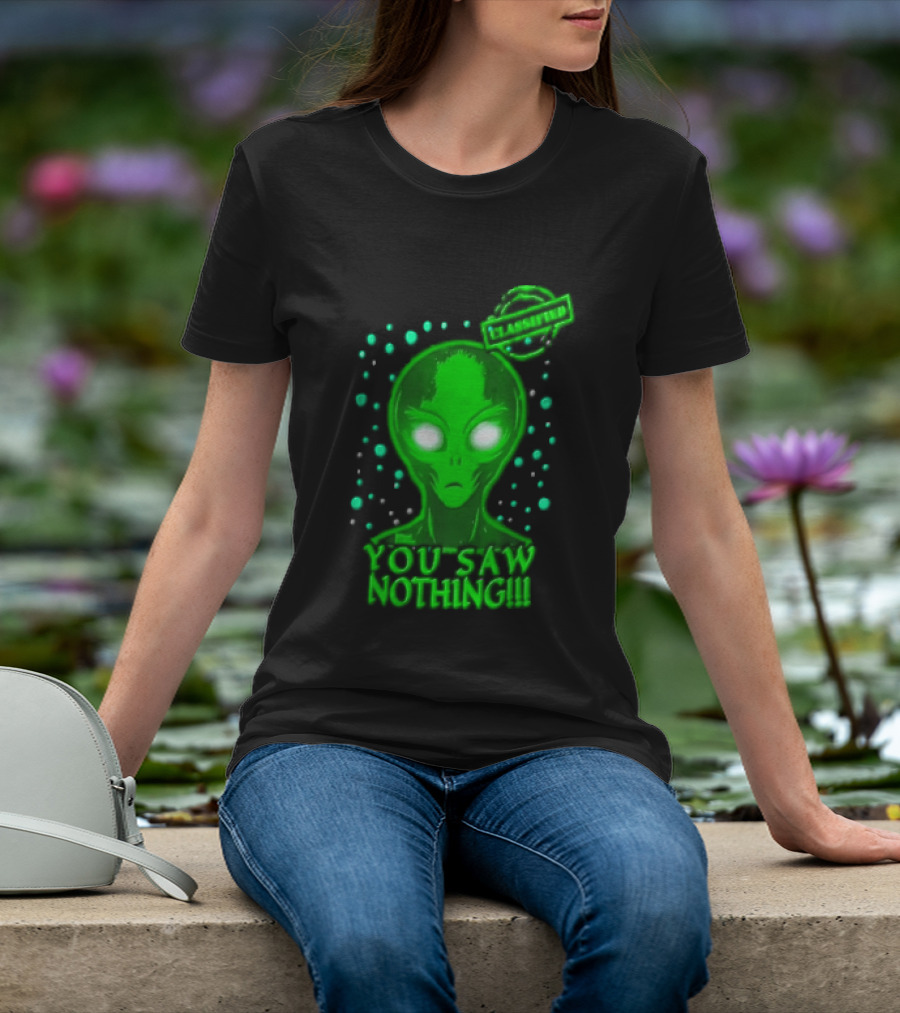 Green Alien You Saw Nothing Glowing Eyes UFO Dots T-Shirt