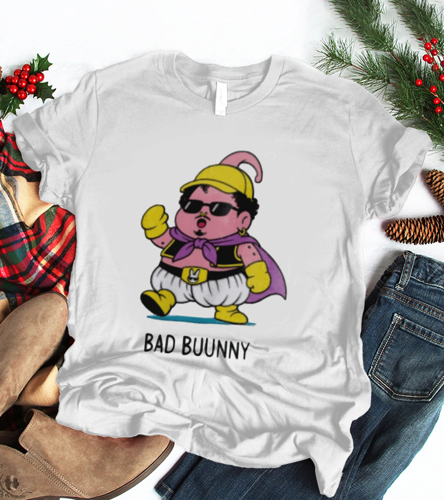 Bad Buunny Pink Majin Buu Sunglasses Yellow Hat Cape Cartoon T-Shirt