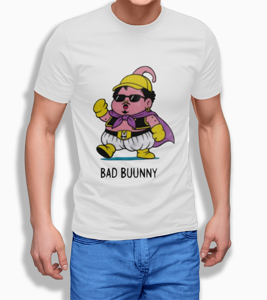Bad Buunny Pink Majin Buu Sunglasses Yellow Hat Cape Cartoon T-Shirt