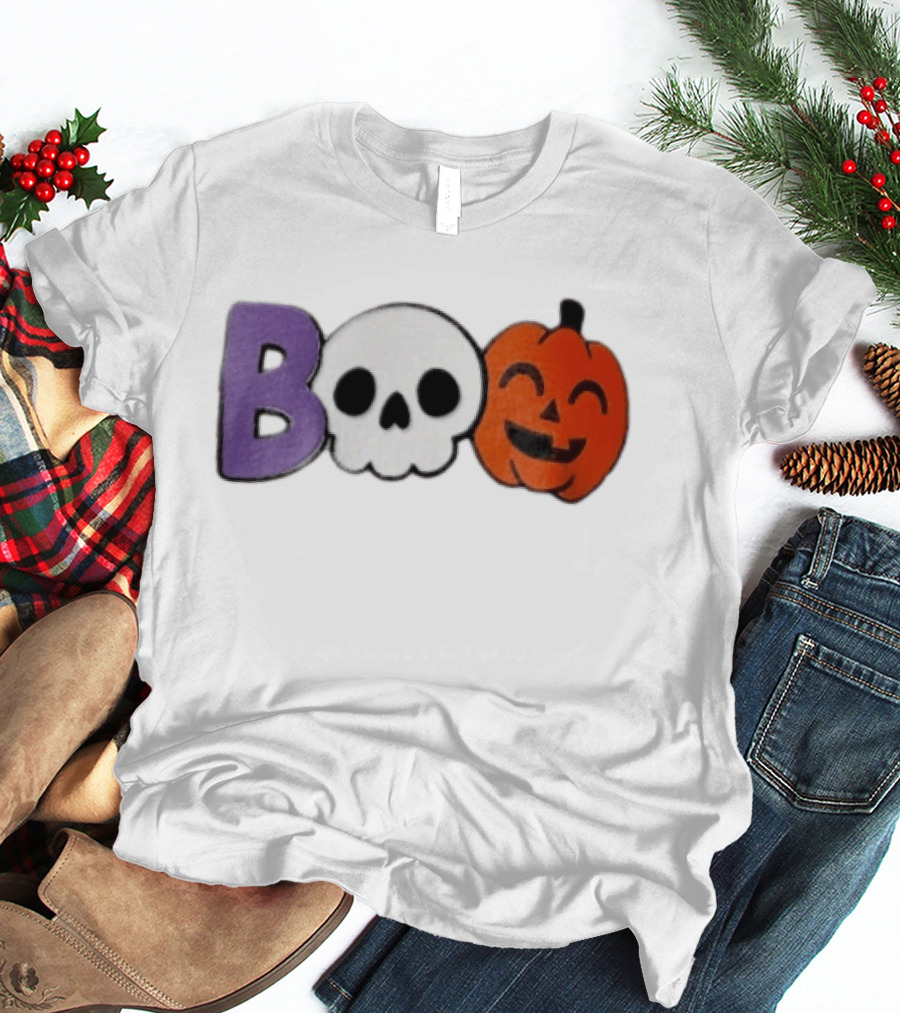 BOO Skull Pumpkin Purple Letter Halloween Fun T-Shirt