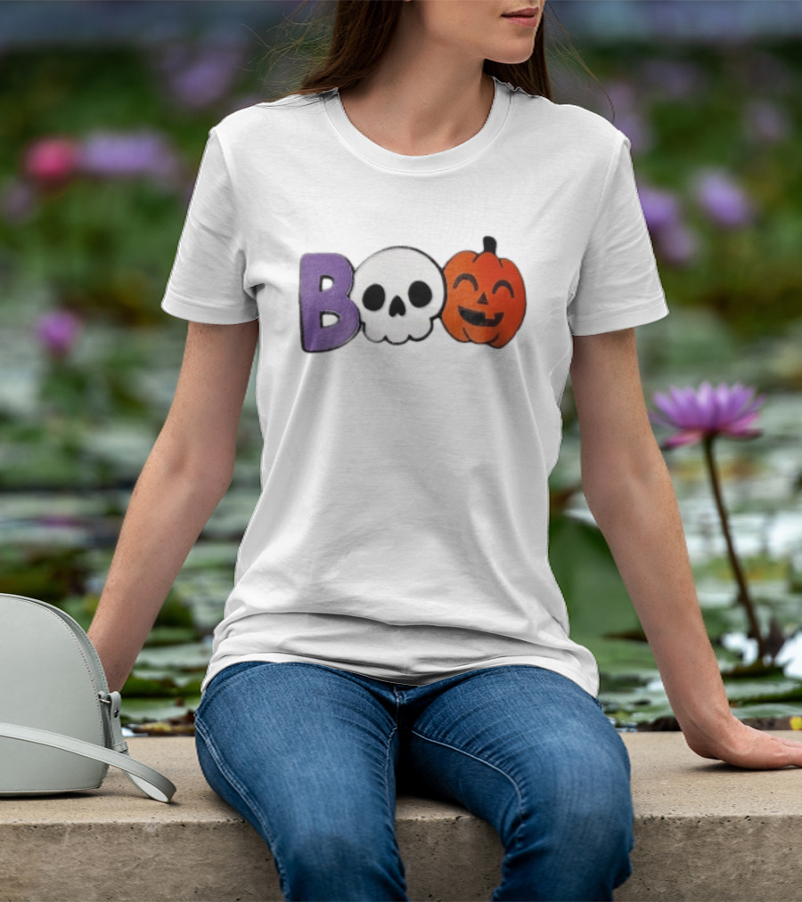 BOO Skull Pumpkin Purple Letter Halloween Fun T-Shirt