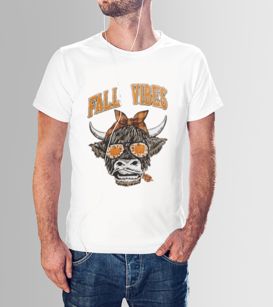 Fall Vibes Highland Cow Plaid Bow Sunglasses Pumpkins T-Shirt
