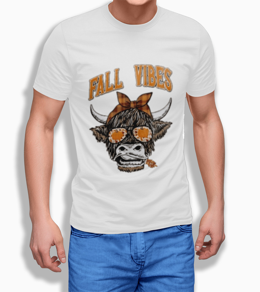 Fall Vibes Highland Cow Plaid Bow Sunglasses Pumpkins T-Shirt