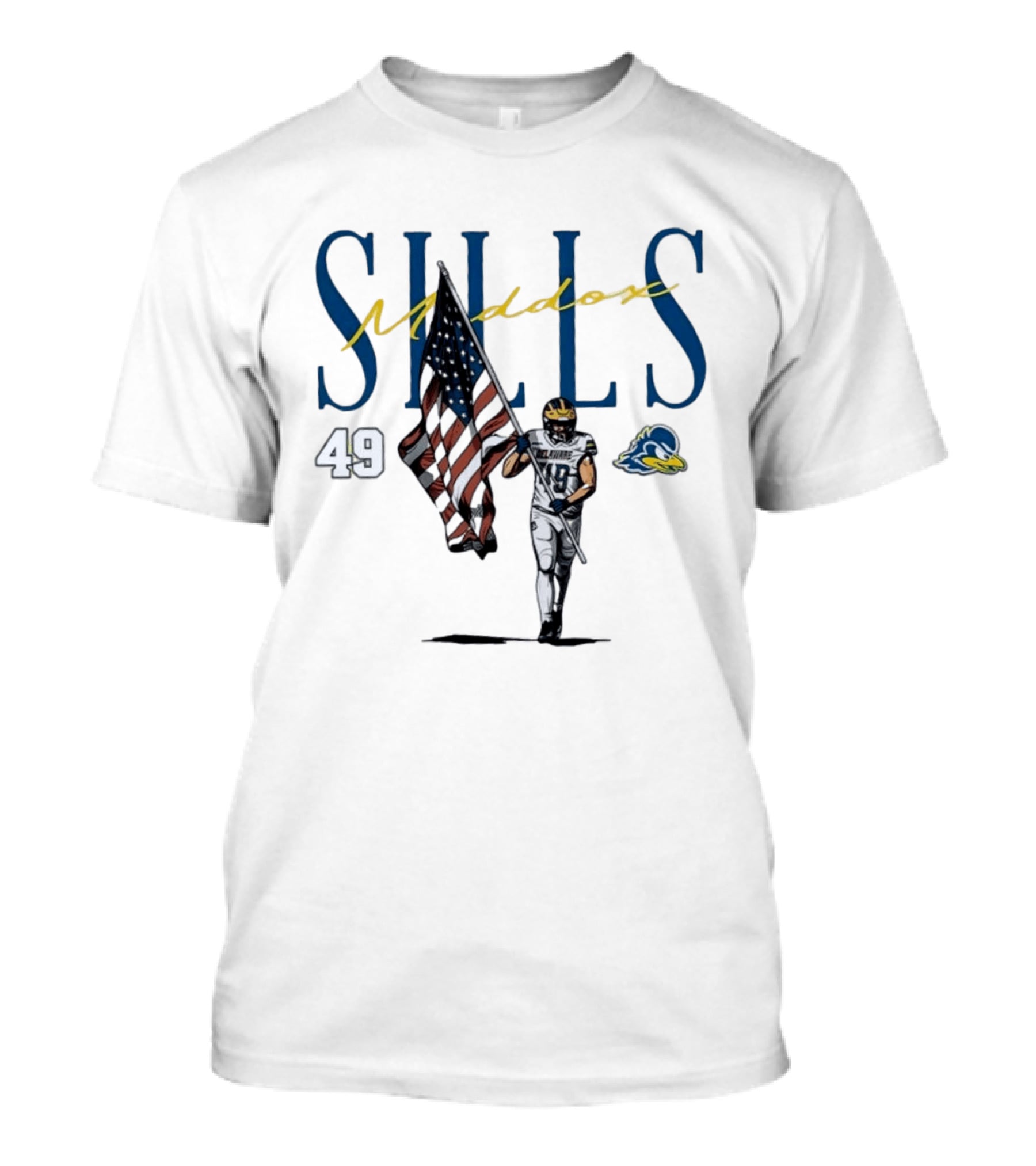 Delaware Blue Hens No 49 Maddox Sills US Flag Caricature T-Shirt