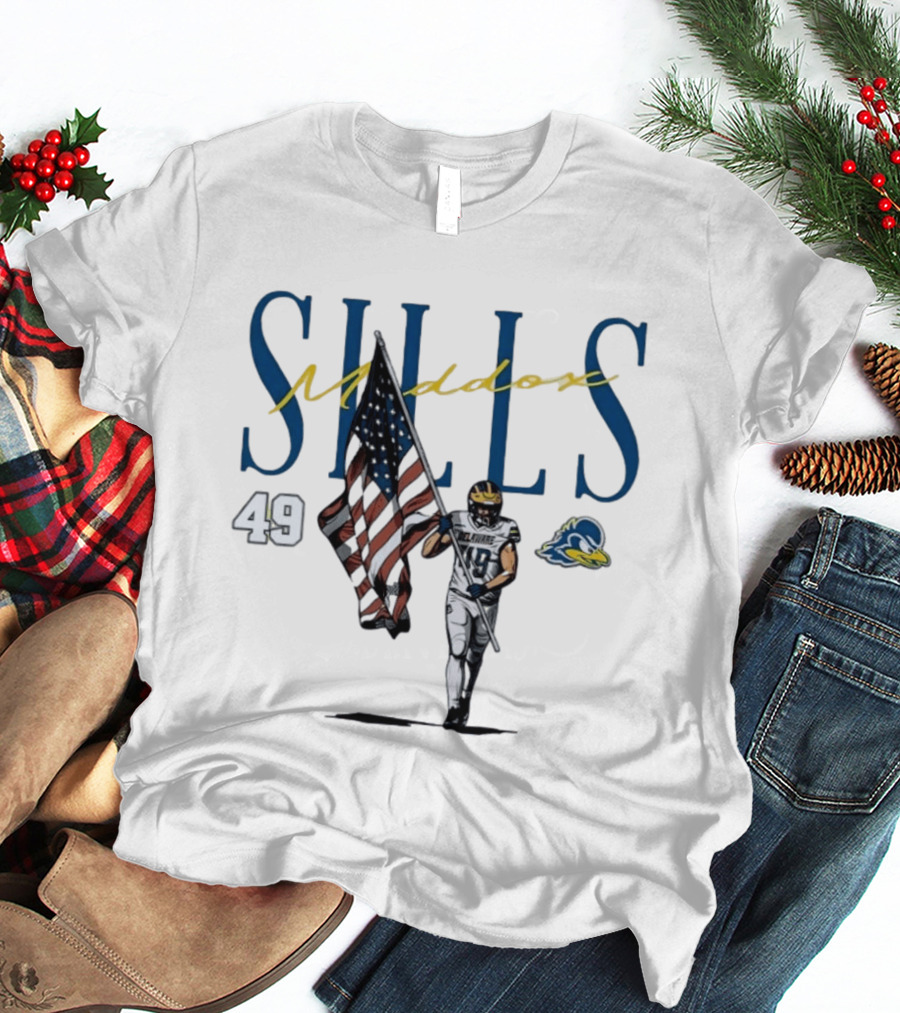 Delaware Blue Hens No 49 Maddox Sills US Flag Caricature T-Shirt