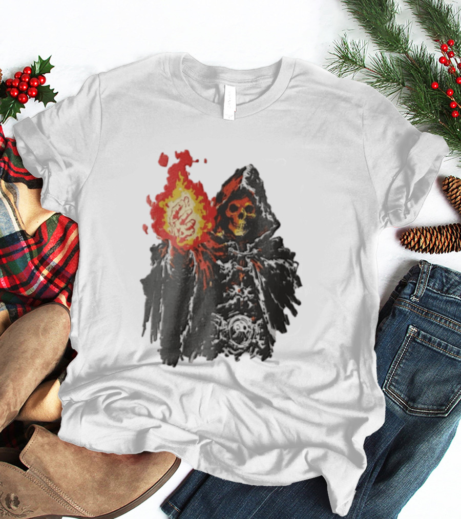 Skeleton Holding Fire Skeletor Hooded Cloak And Fiery Fist T-Shirt
