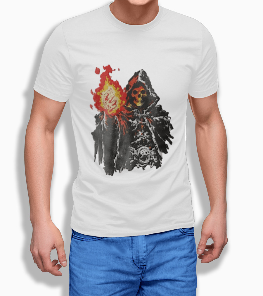 Skeleton Holding Fire Skeletor Hooded Cloak And Fiery Fist T-Shirt