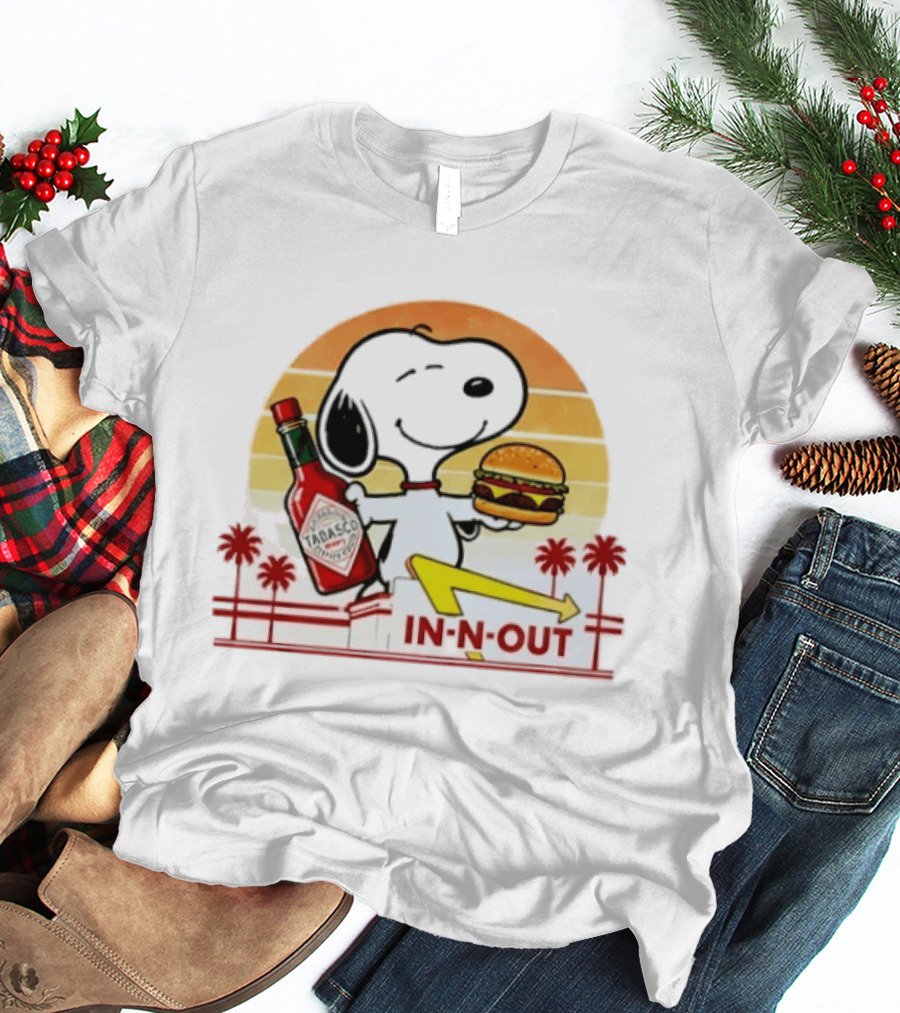 Snoopy Holding Tabasco Bottle And In N Out Burger Delightful Combination T-Shirt