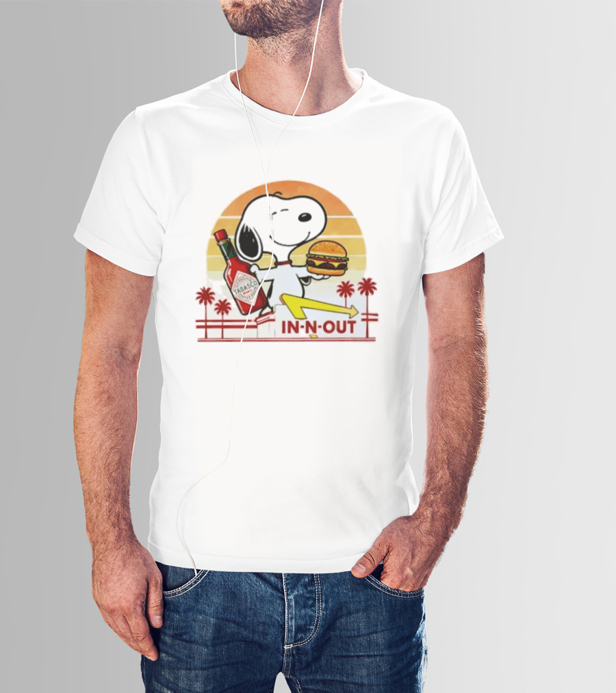 Snoopy Holding Tabasco Bottle And In N Out Burger Delightful Combination T-Shirt