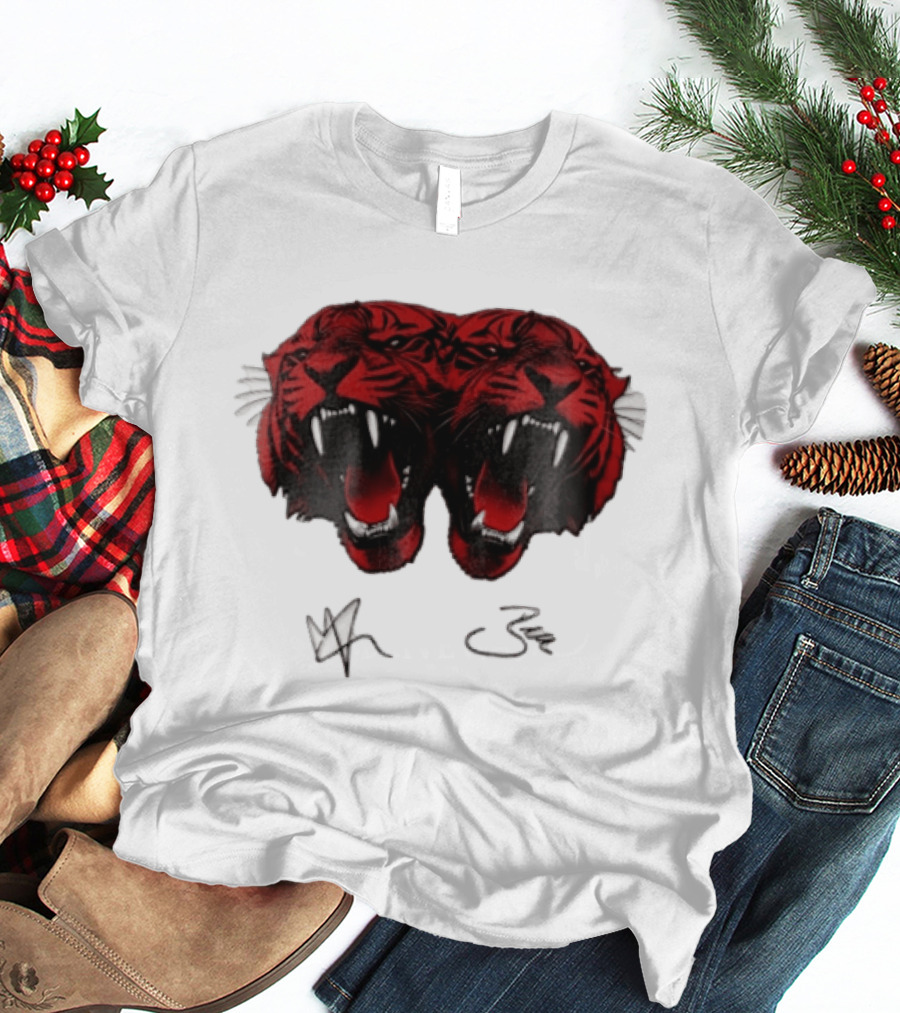 Tigers Heads Roaring Red Dual Fierce Animal T-Shirt
