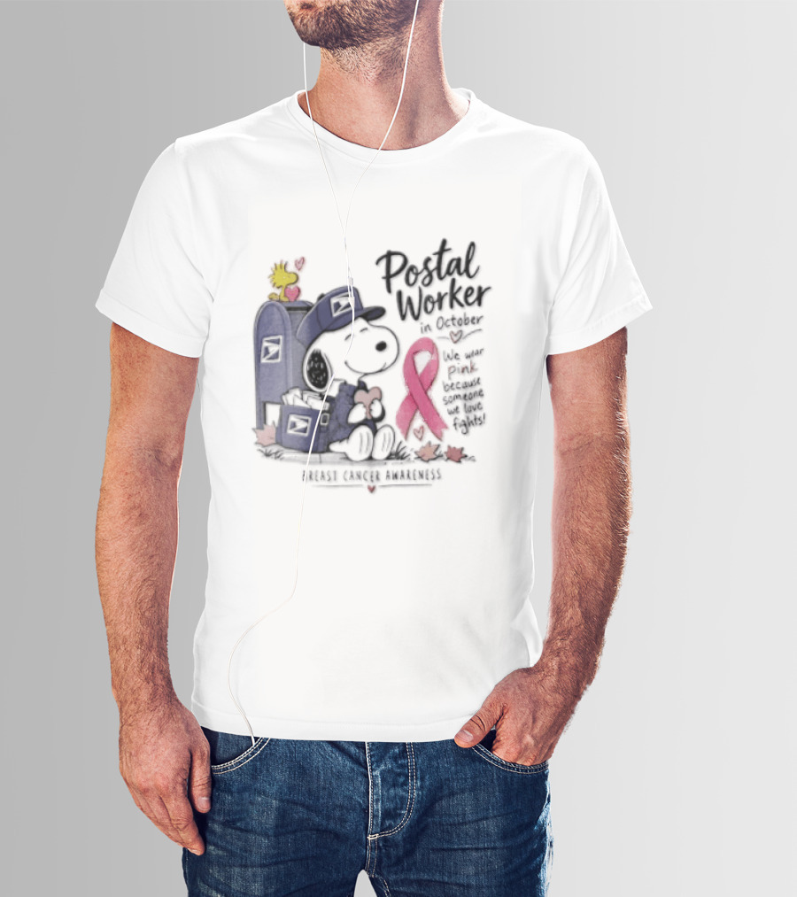 Postal Worker Snoopy And Woodstock With Pink Ribbon Supporting Fighters T-Shirt