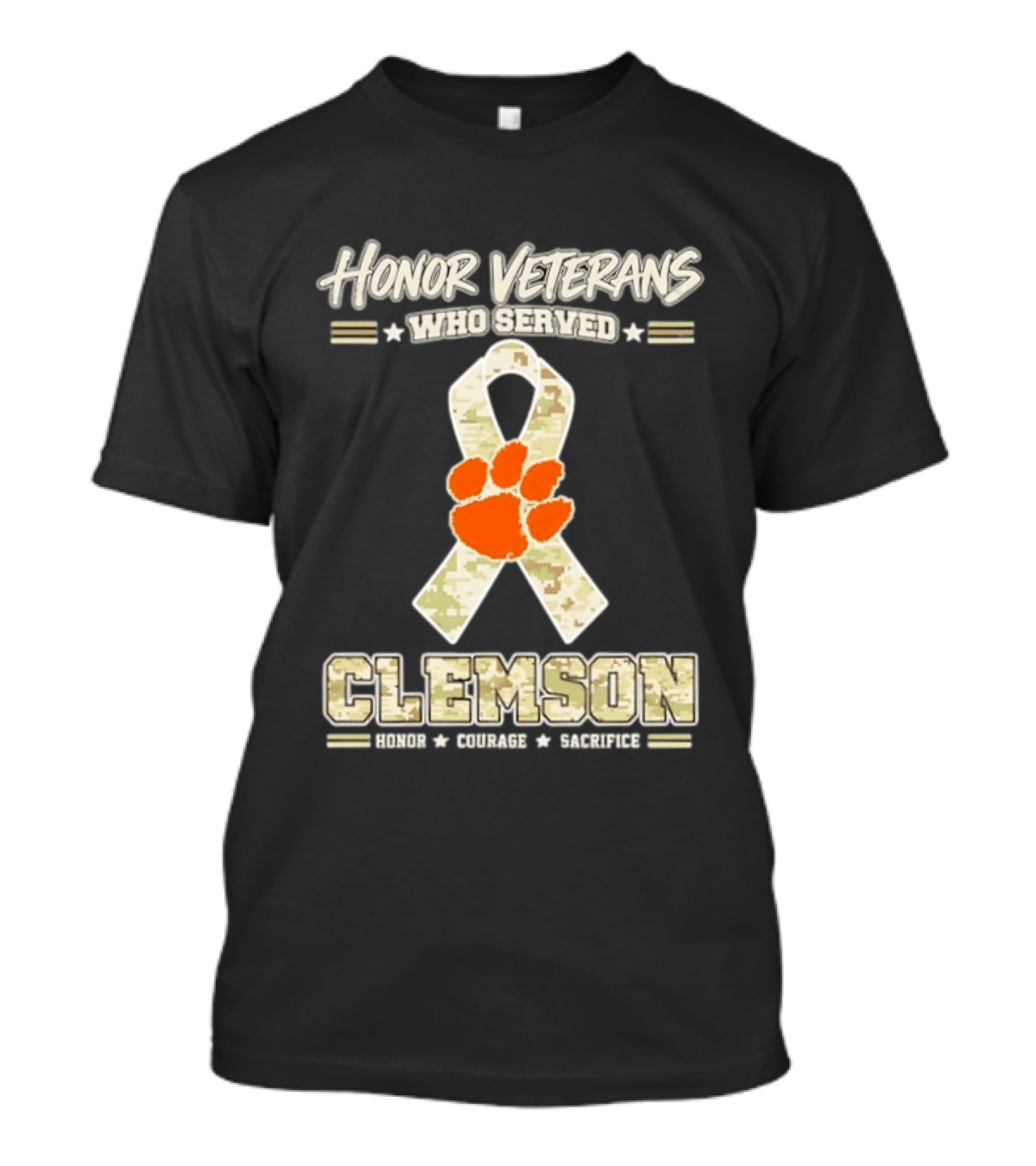 Honor Veterans Who Served Clemson Tigers Honor Courage Sacrifice Camouflage Ribbon T-Shirt