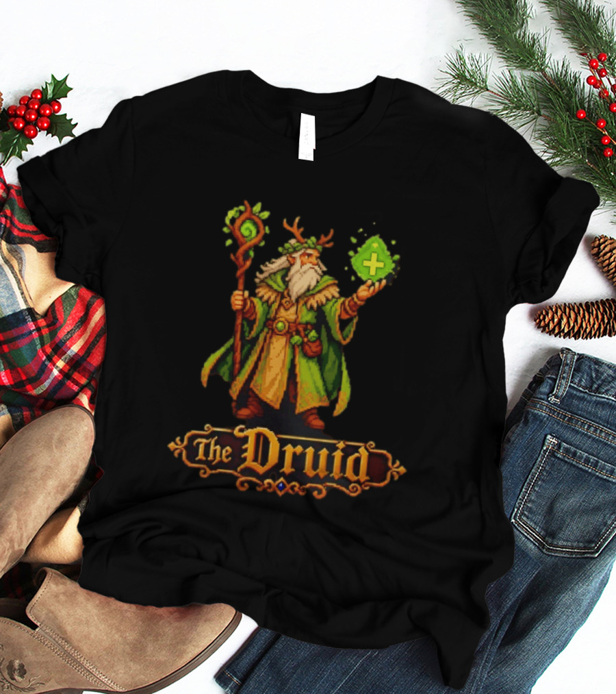 The Druid 16 Bit Game Cartoon Pixel Art Mage With Staff And Potion T-Shirt