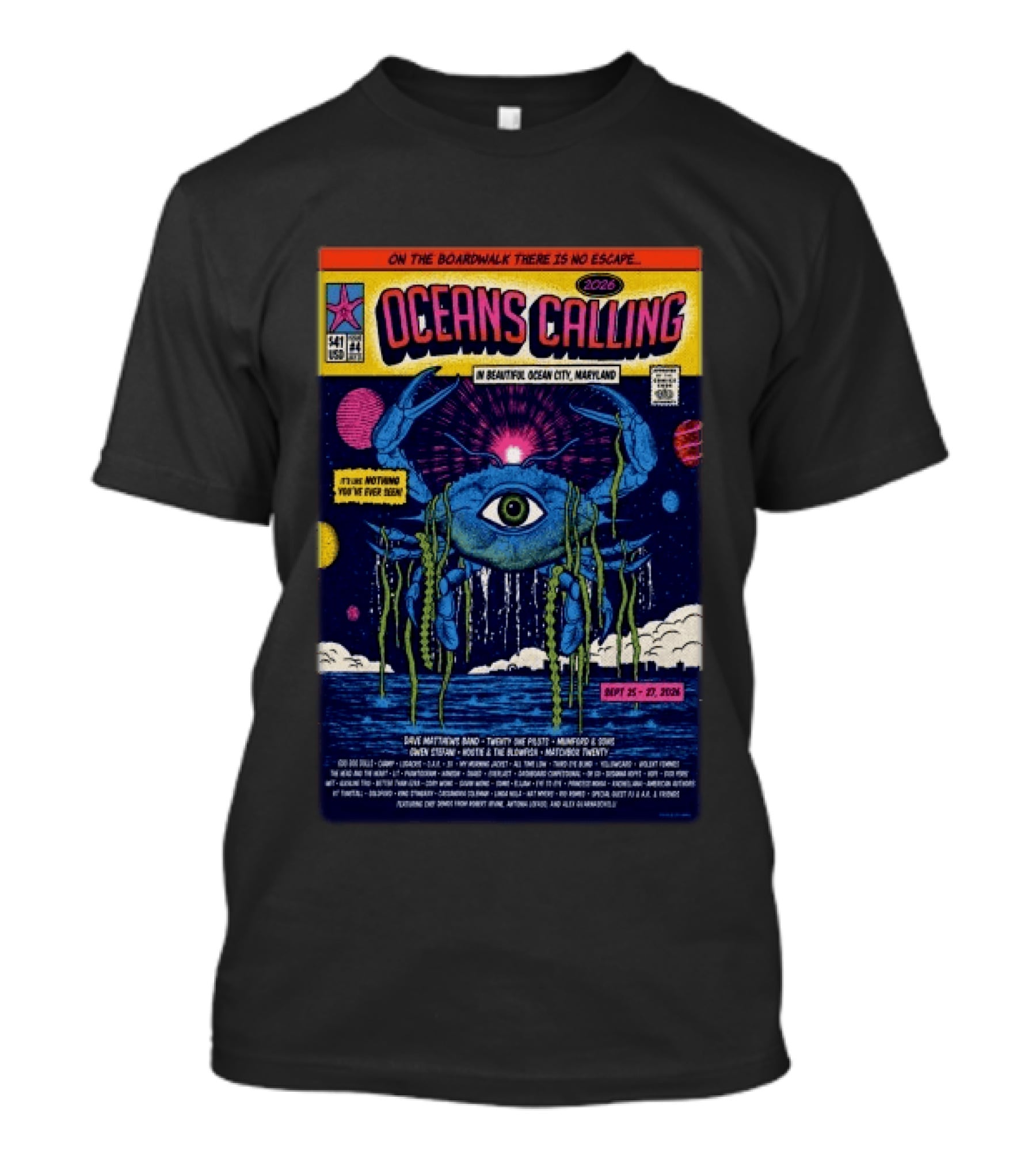 Oceans Calling Festival 2026 Ocean City Maryland Lineup Dave Matthews Band The Lumineers Alanis Morissette 9 25 27 Crab Eye Comic T-Shirt