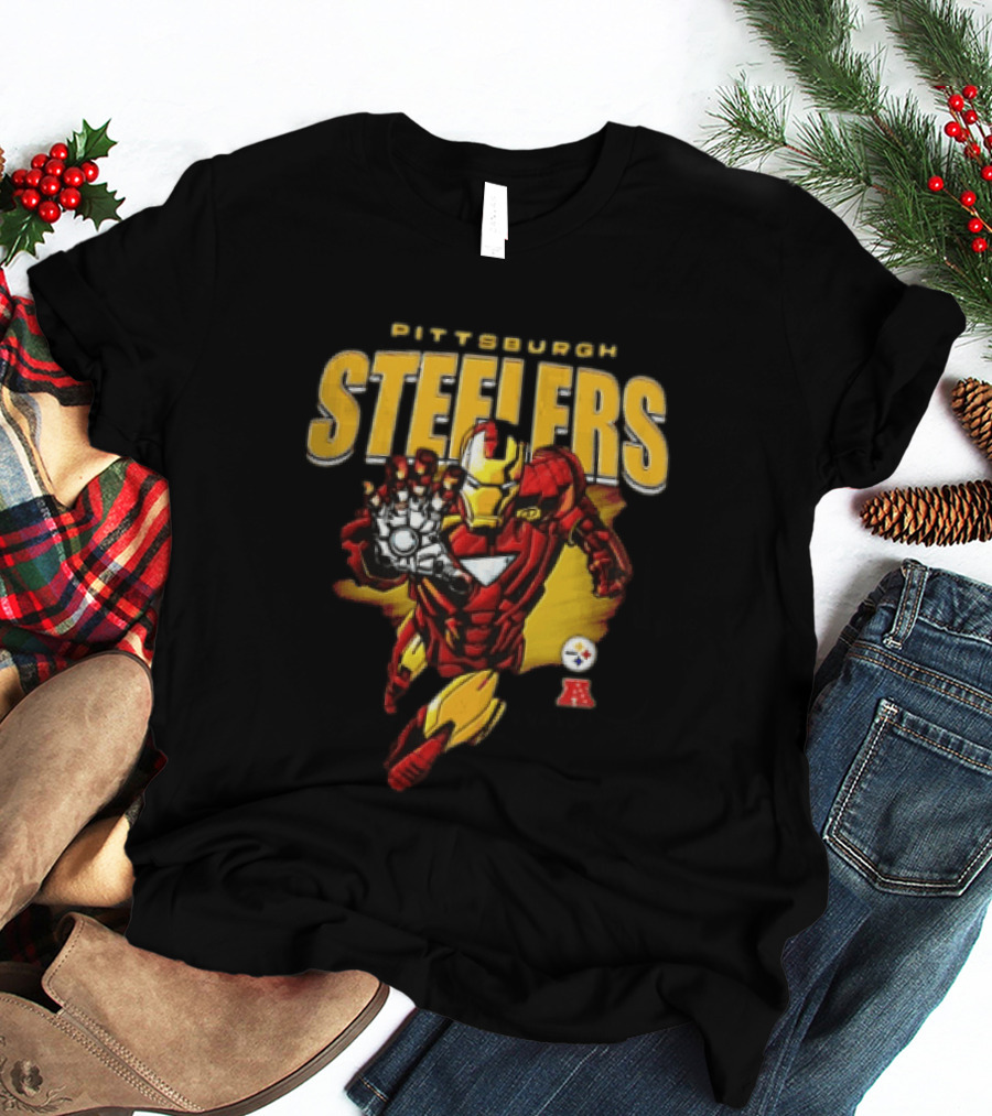 Pittsburgh Steelers Iron Man Flying Forward Graphic Suit Officially Licensed NFL Marvel Collaboration T-Shirt