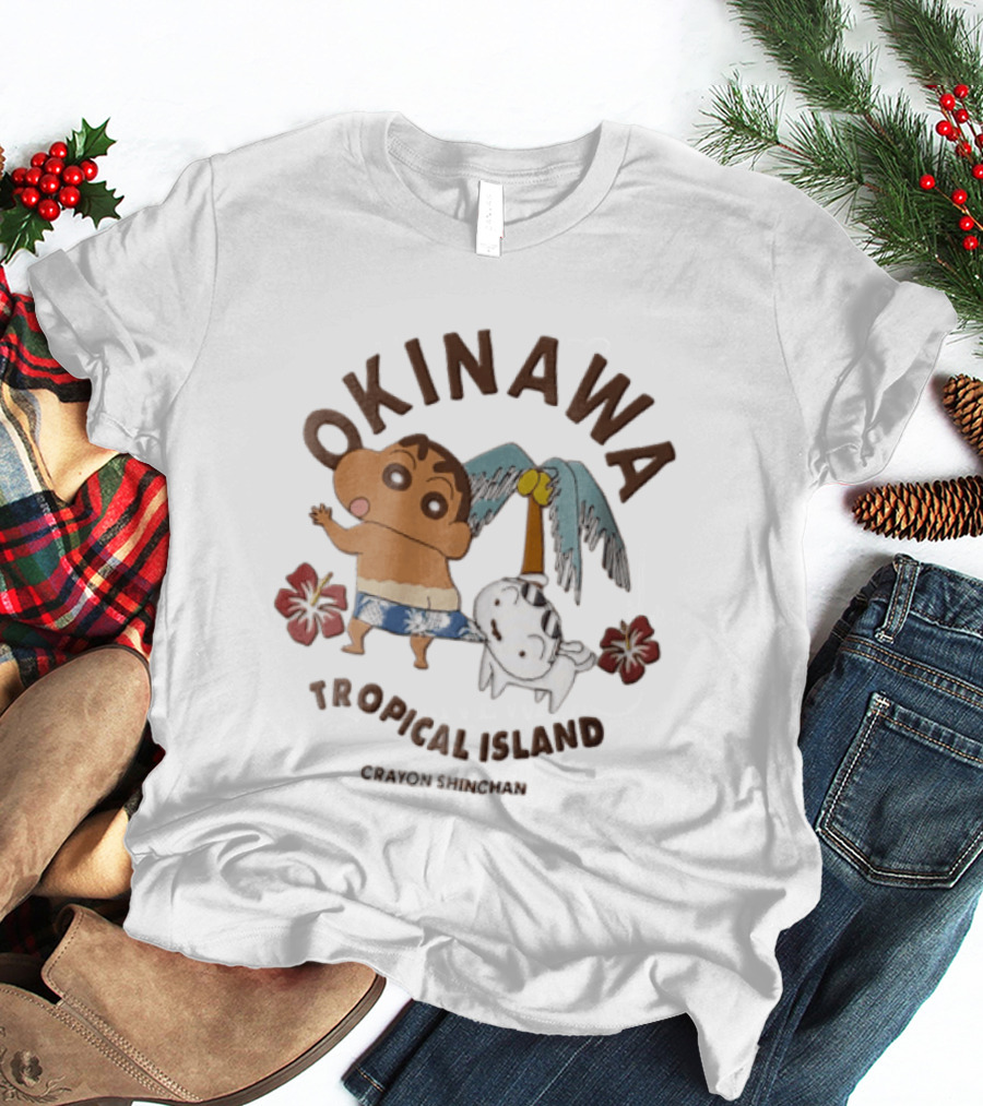Okinawa Tropical Island Crayon Shin Chan Shinnosuke Nohara Shiro Palm Tree Hibiscus T-Shirt