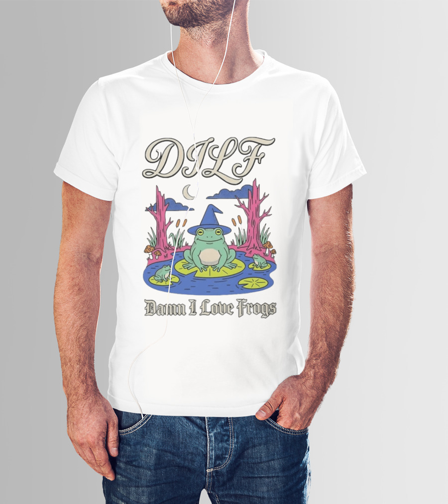 DILF Damn I Love Frogs Cartoon Frog In Pond With Wizard Hat T-Shirt