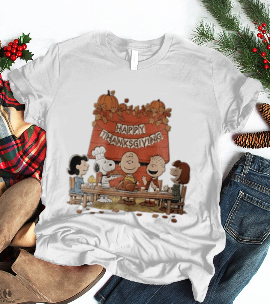 Peanuts Charlie Brown Snoopy Woodstock Lucy Linus Happy Thanksgiving Holiday Celebration T-Shirt