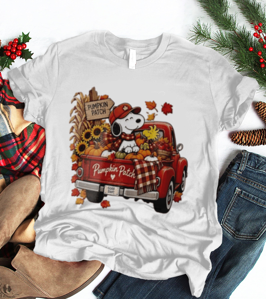 Peanuts Snoopy Woodstock Red Truck Pumpkin Patch Harvest Good Days T-Shirt