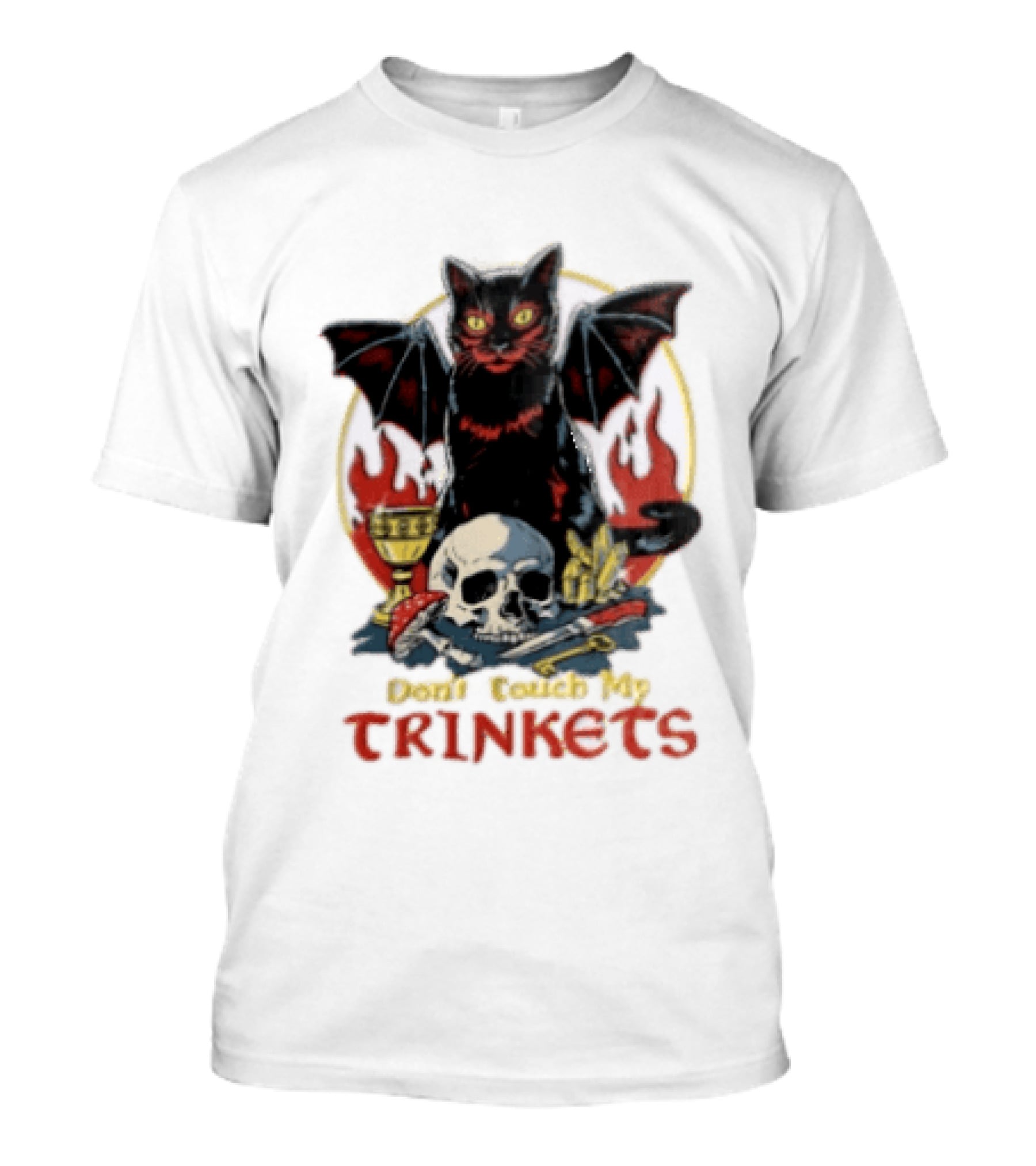 Steven Rhodes Cat Skull Chalice Flames Don't Touch My Trinkets T-Shirt