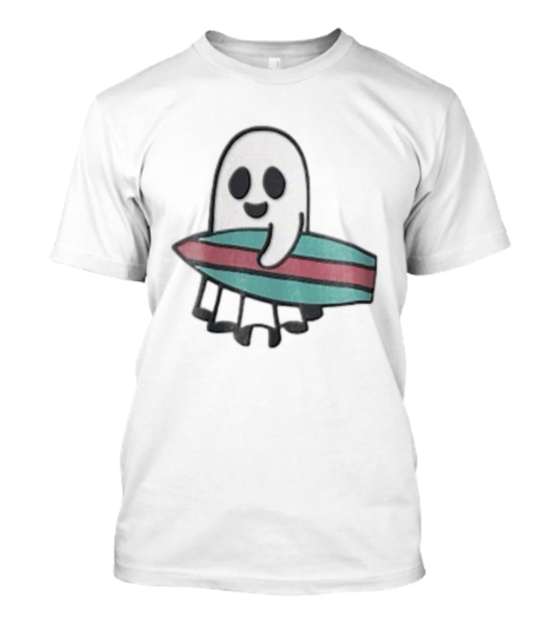 Ghost Holding Surfboard Cartoon Fun Cute Spooky Beach Vibes T-Shirt