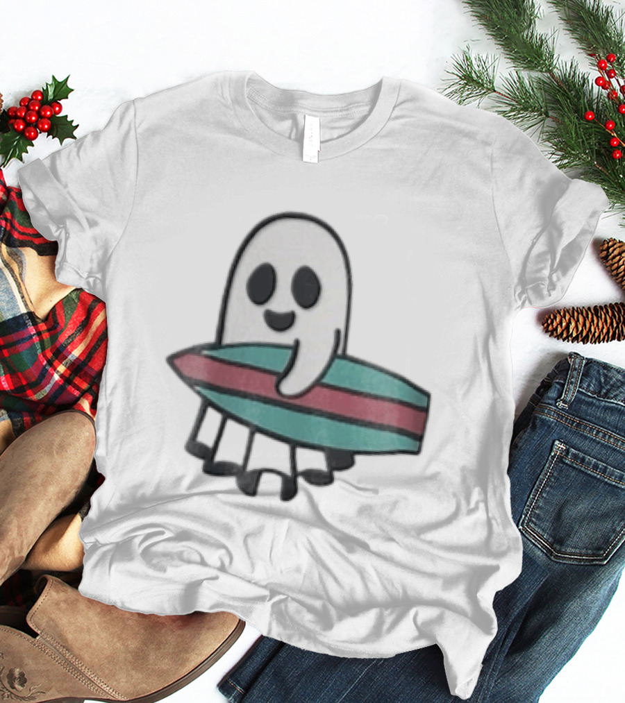 Ghost Holding Surfboard Cartoon Fun Cute Spooky Beach Vibes T-Shirt