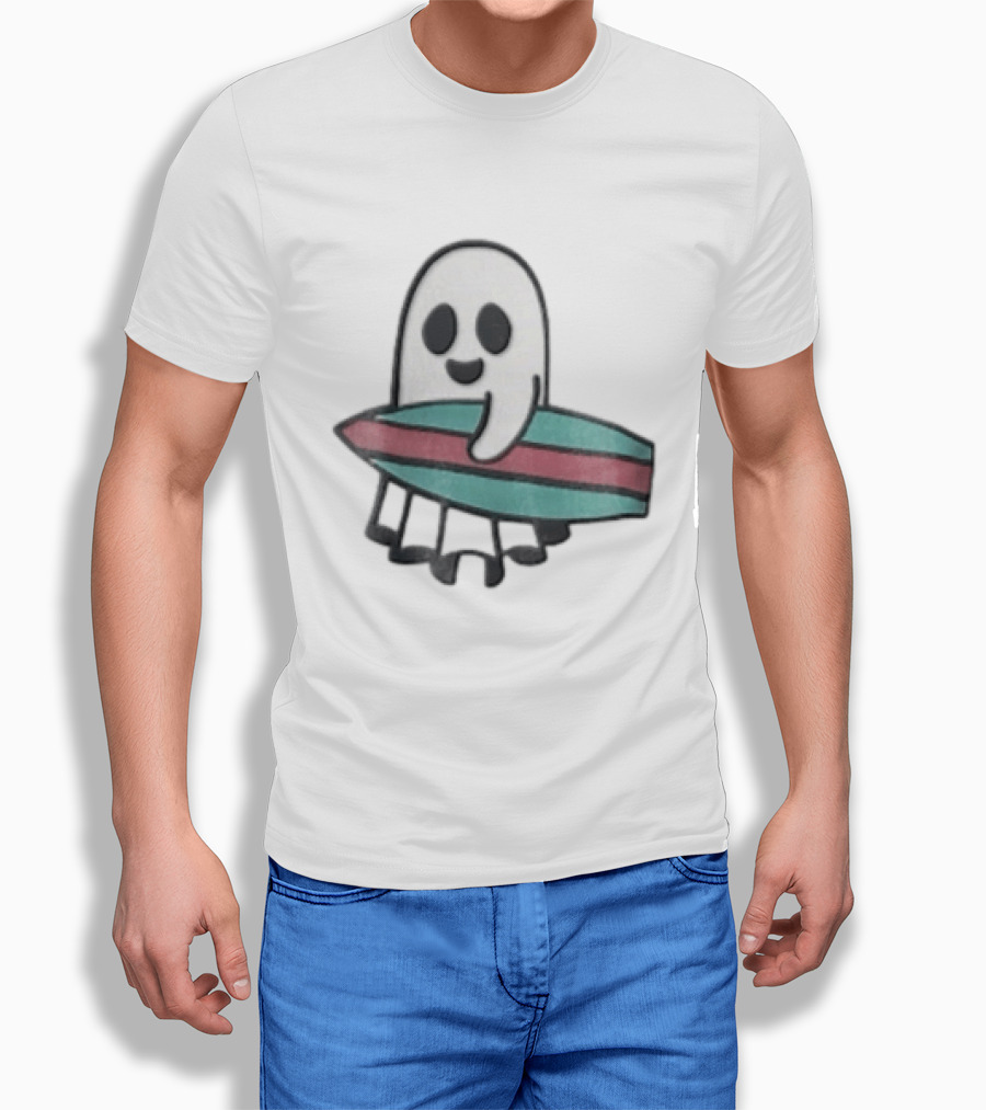 Ghost Holding Surfboard Cartoon Fun Cute Spooky Beach Vibes T-Shirt