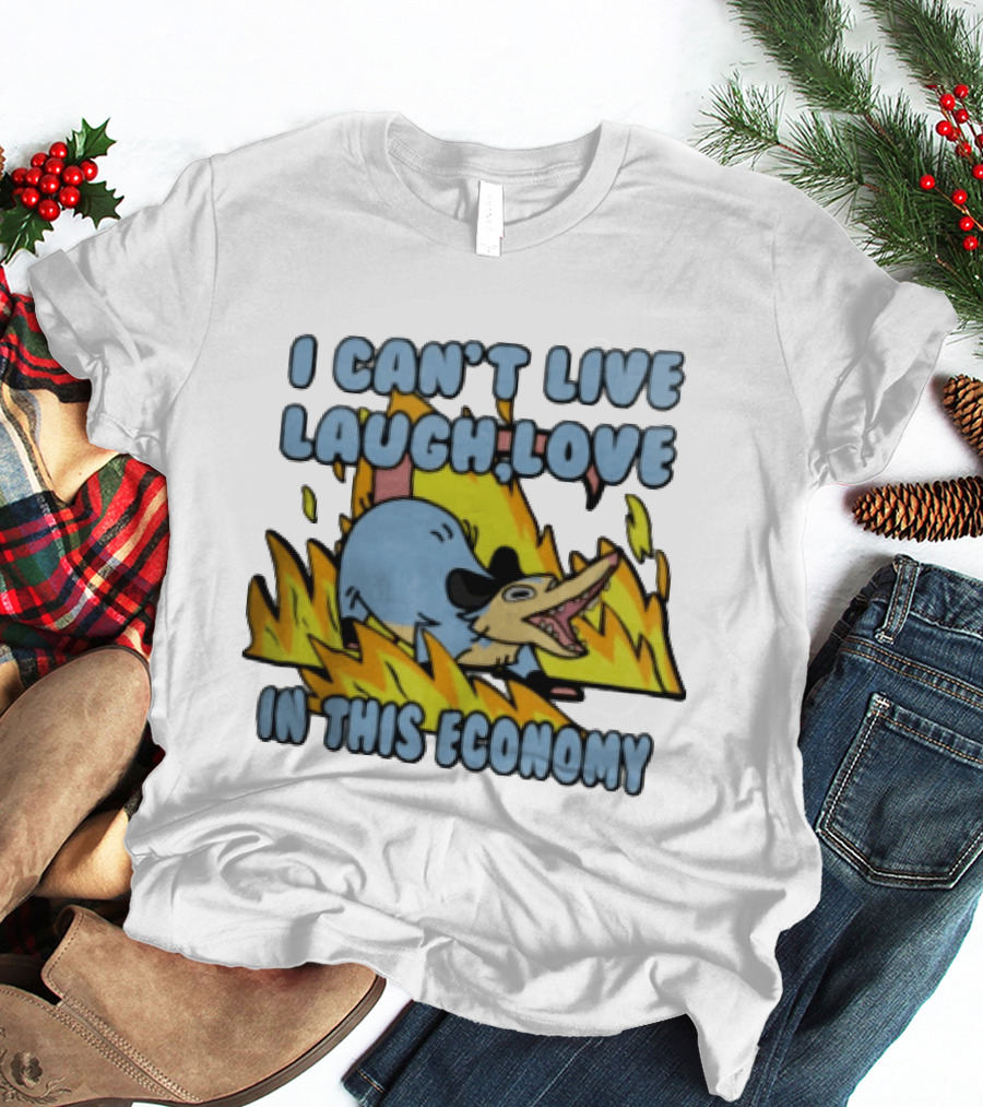 I Can't Live Laugh Love In This Economy Opossum Screaming Fire Cartoon T-Shirt