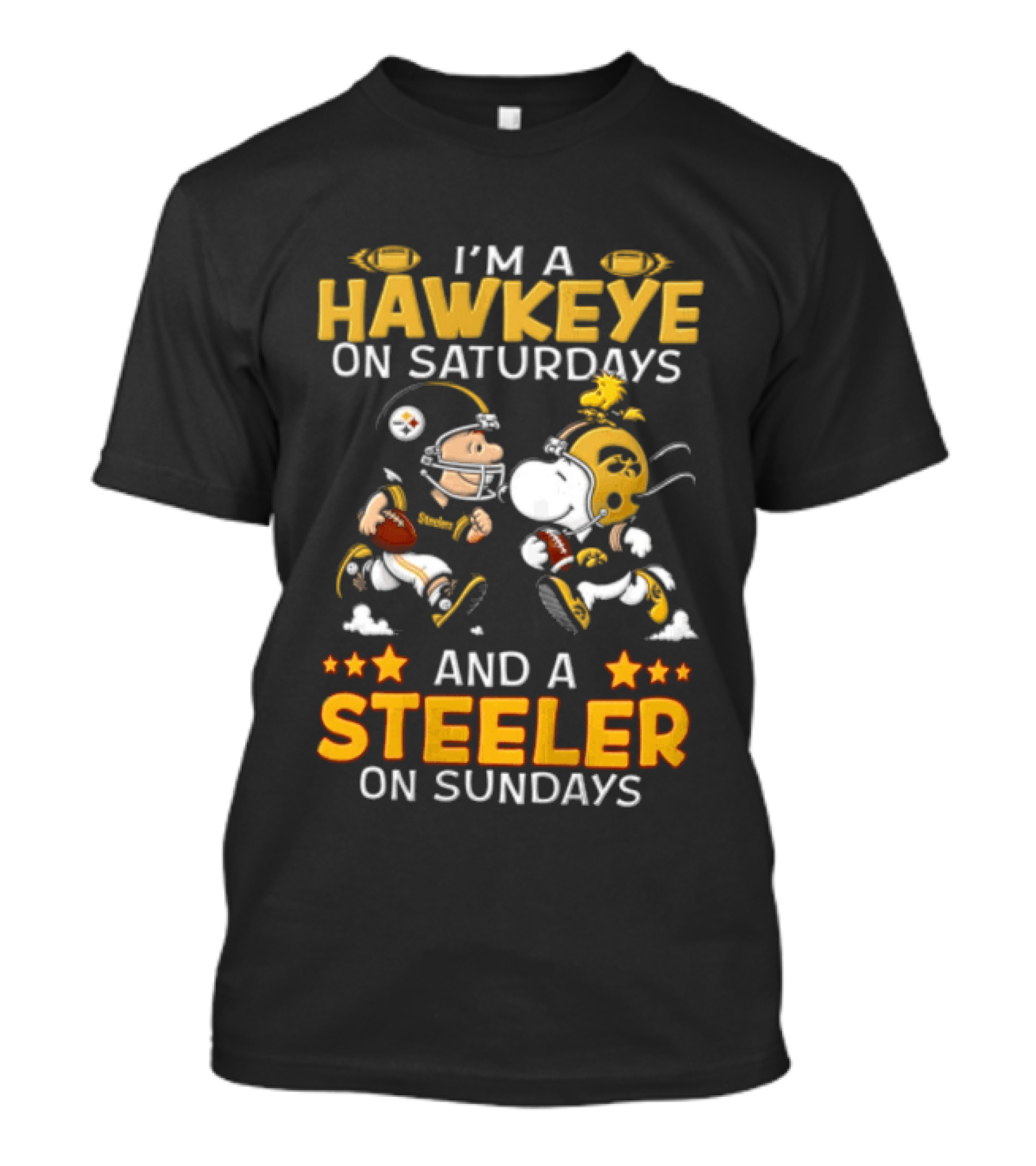 I'm A Hawkeye On Saturdays And A Steeler On Sundays Charlie Brown Snoopy Woodstock Football T-Shirt