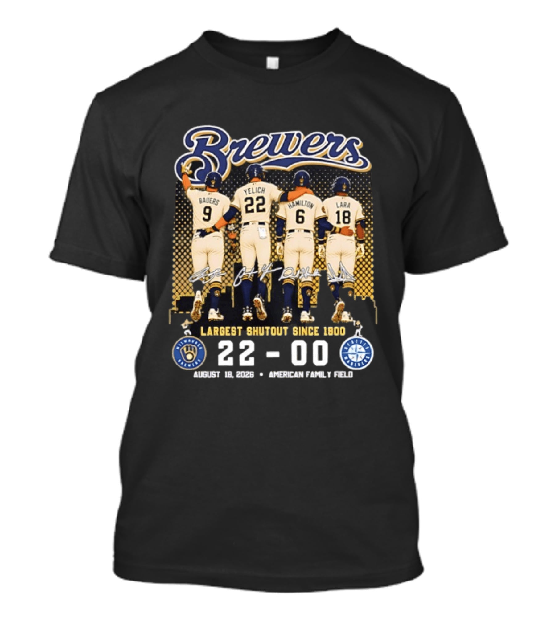 Milwaukee Brewers Largest Shutout Since 1900 22 00 Victory August 18 2023 American Family Field T-Shirt