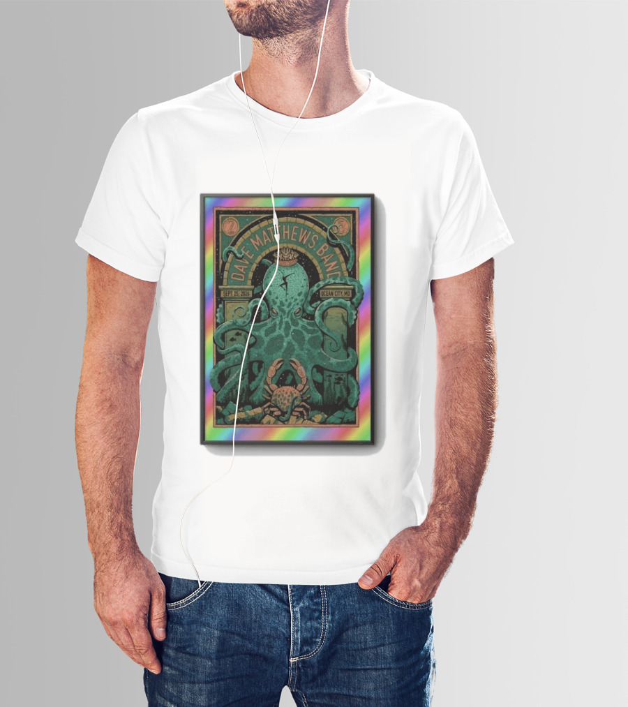 Dave Matthews Band Sept 25 2026 Ocean City MD Octopus And Crab Rainbow Border T-Shirt
