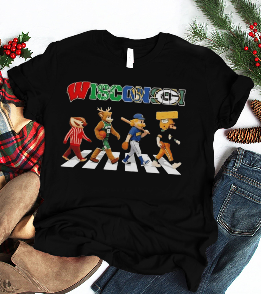 Wisconsin Sports Team Mascots Crossing Abbey Road Collage T-Shirt