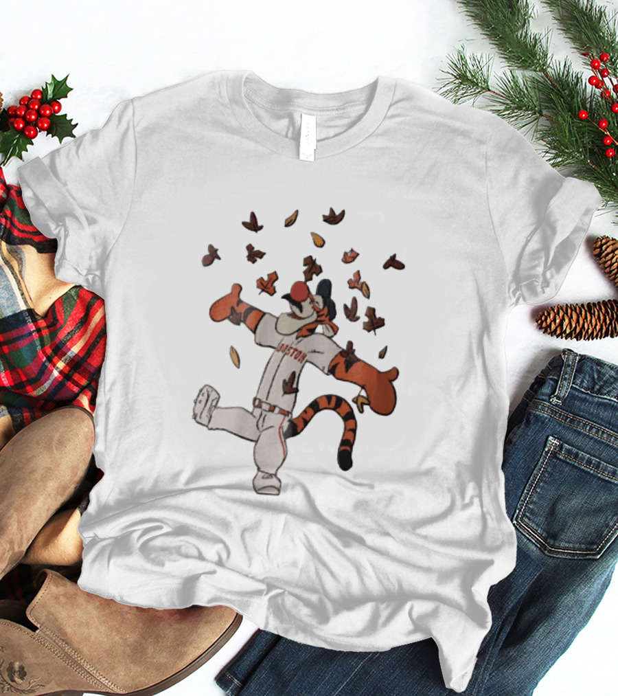 Tigger In Boston Baseball Uniform Enjoying Falling Leaves T-Shirt