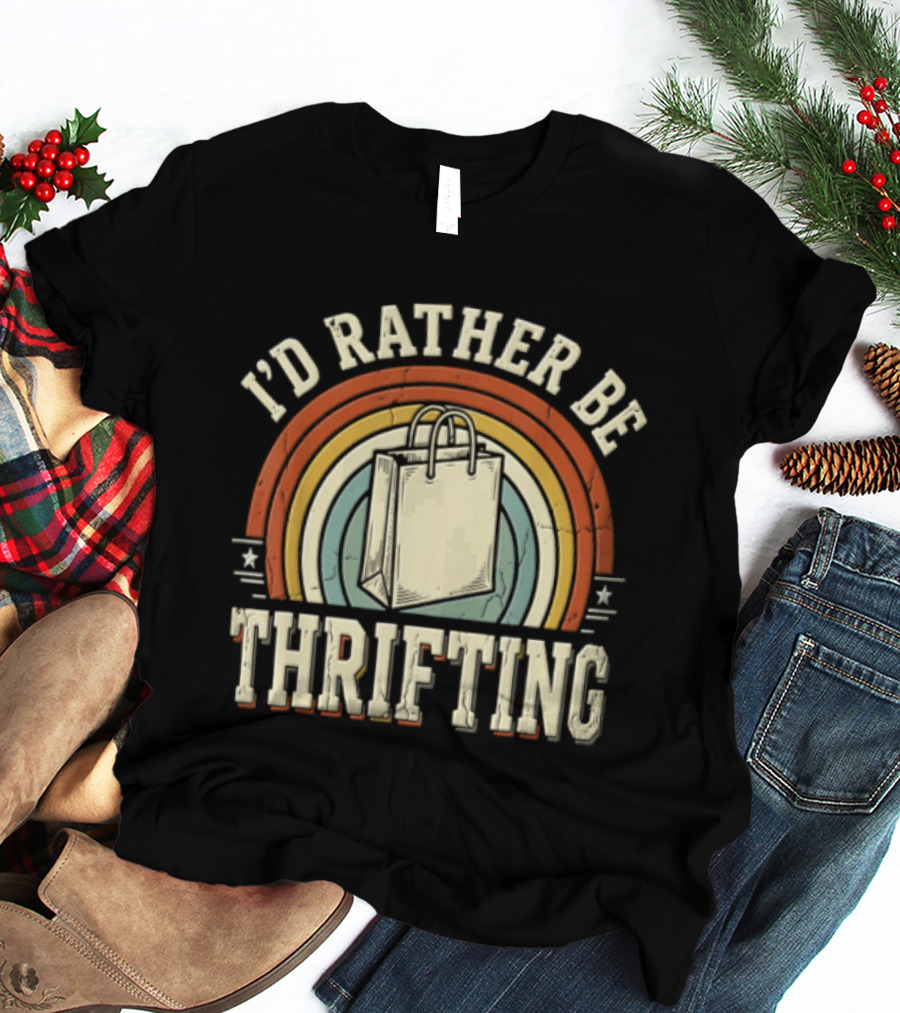 I'd Rather Be Thrifting Shopping Bag Retro Rainbow Stars T-Shirt
