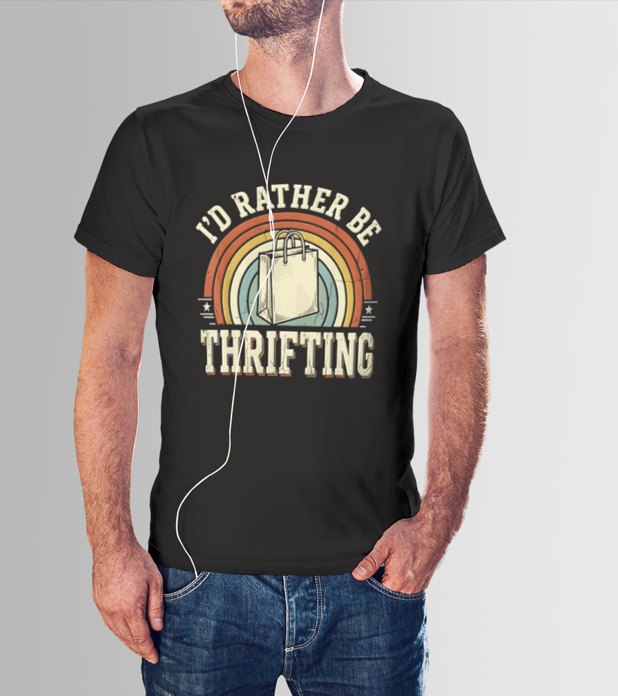 I'd Rather Be Thrifting Shopping Bag Retro Rainbow Stars T-Shirt