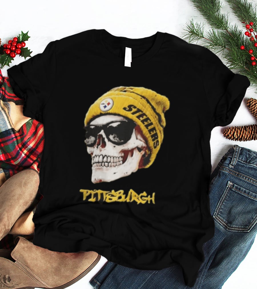 Pittsburgh Steelers Skull Yellow Beanie Sunglasses T-Shirt