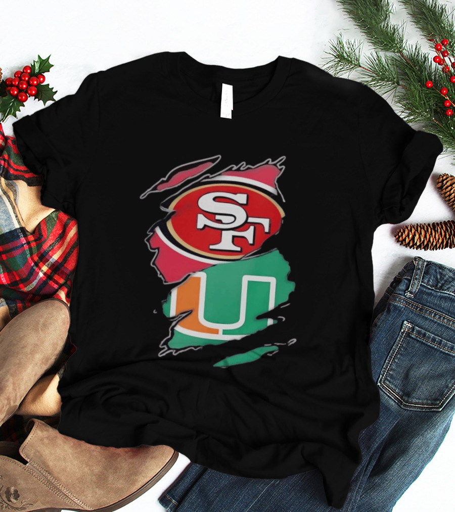 San Francisco 49ers SF And Miami Hurricanes U Distressed Logos T-Shirt