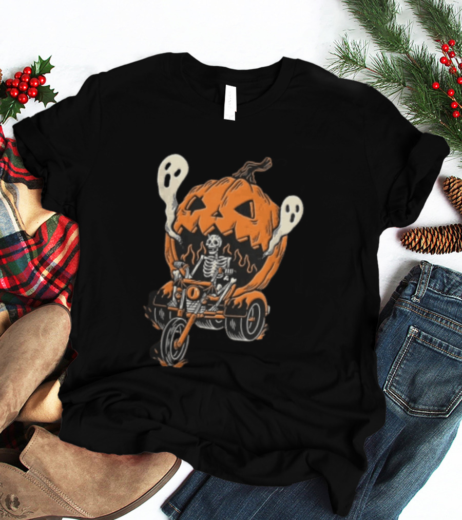 Skeleton Riding Tricycle Inside Giant Pumpkin With Ghosts Halloween T-Shirt