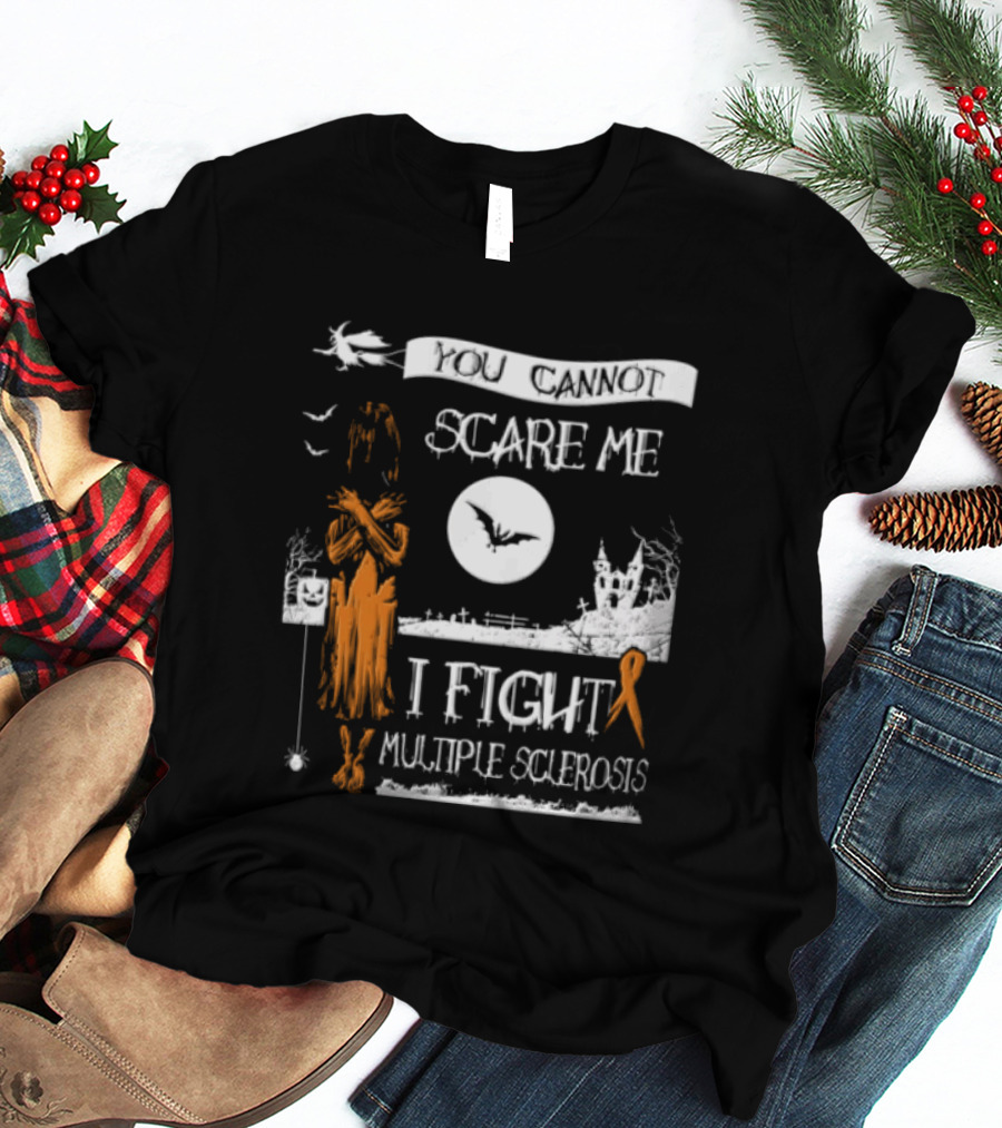 You Cannot Scare Me I Fight Multiple Sclerosis Halloween Witch Bats Moon Cemetery Ribbon T-Shirt