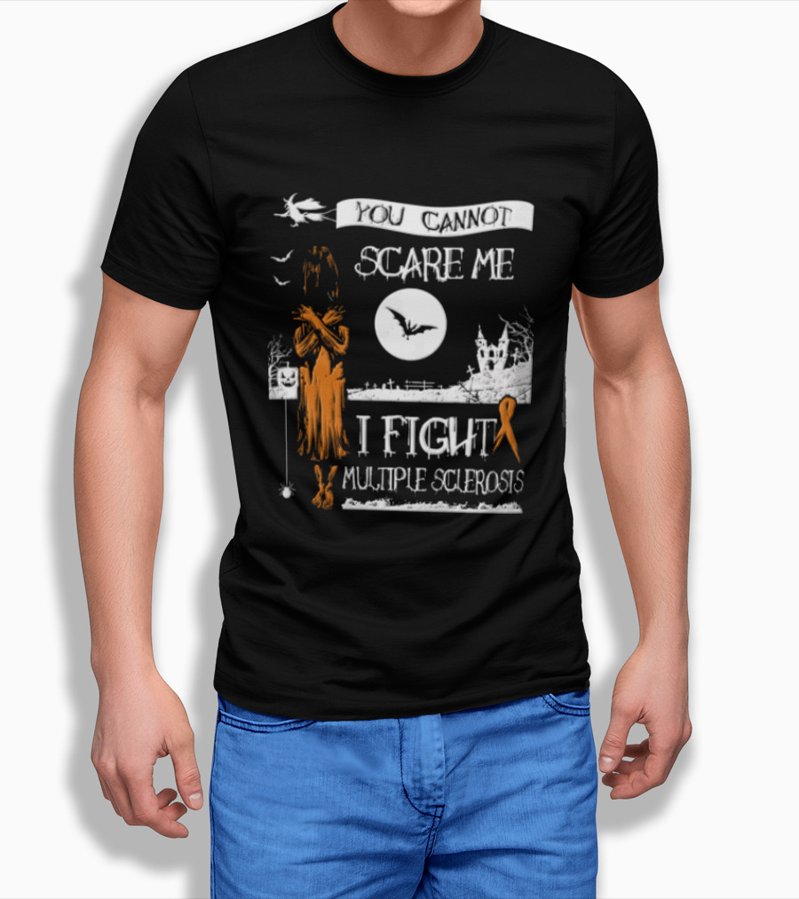 You Cannot Scare Me I Fight Multiple Sclerosis Halloween Witch Bats Moon Cemetery Ribbon T-Shirt