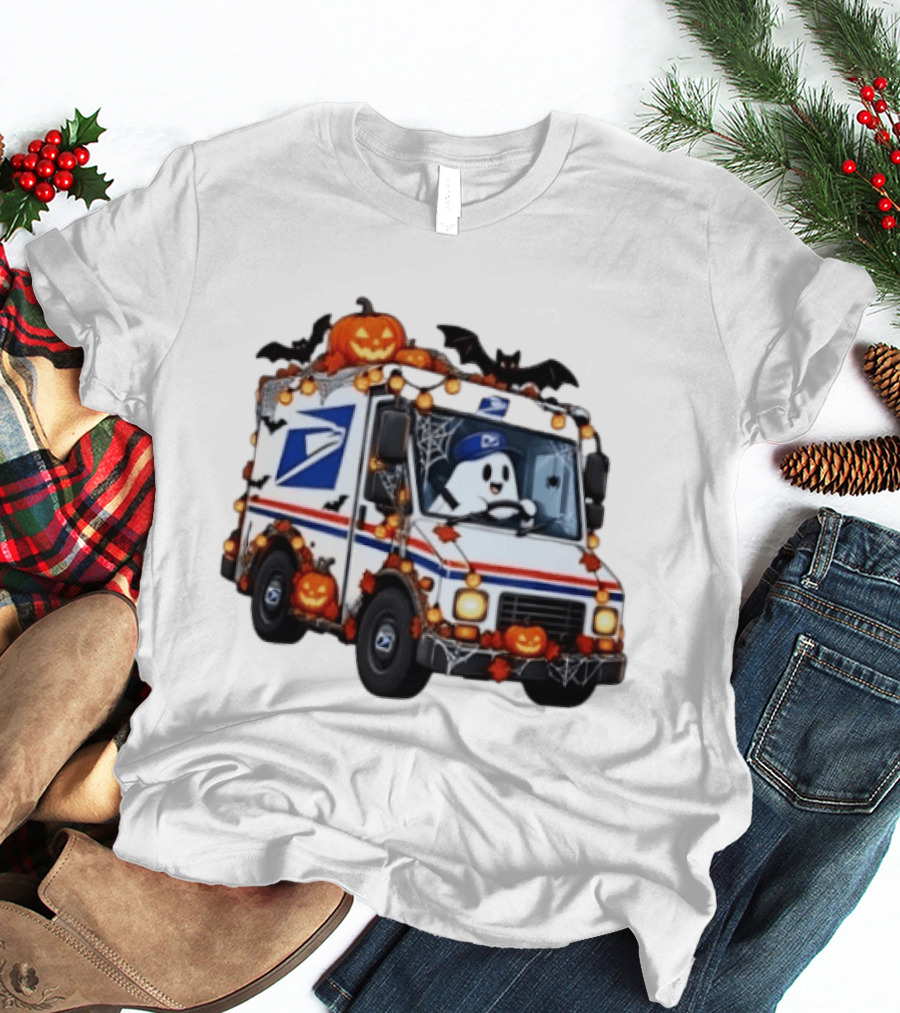 Halloween Ghost Driving USPS Mail Truck With Pumpkins And Bats T-Shirt