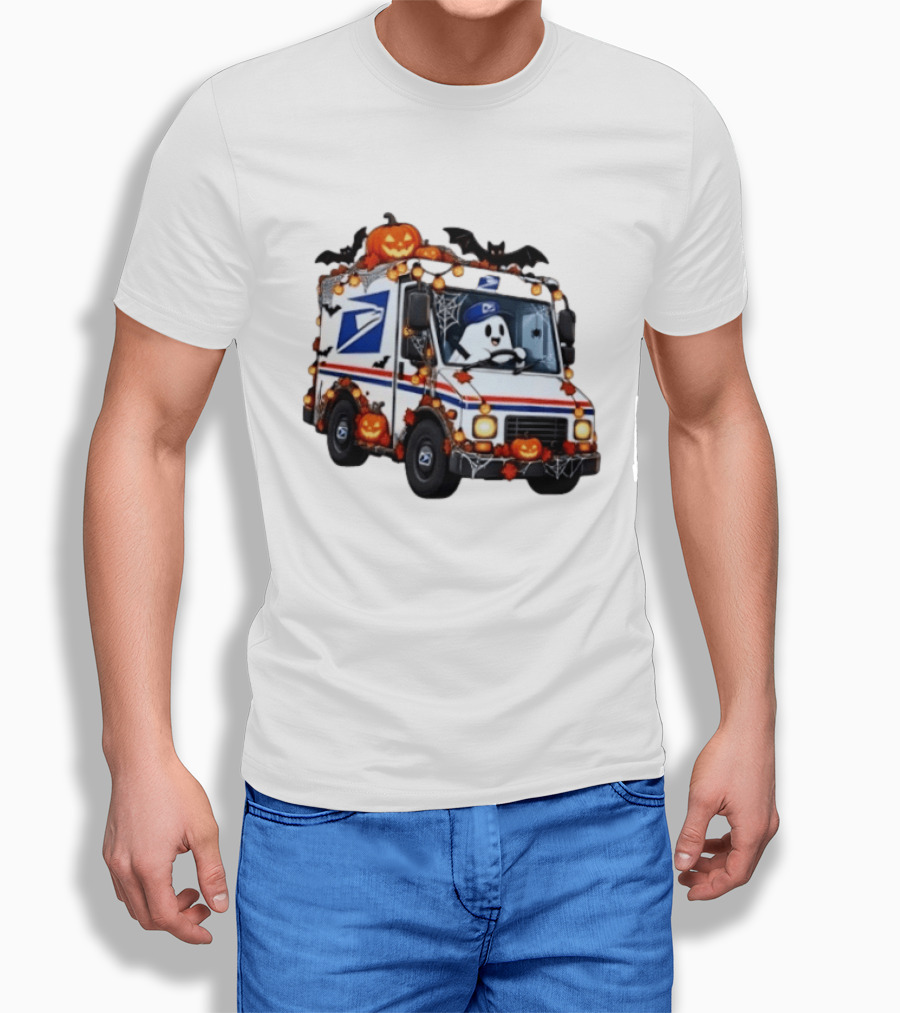 Halloween Ghost Driving USPS Mail Truck With Pumpkins And Bats T-Shirt