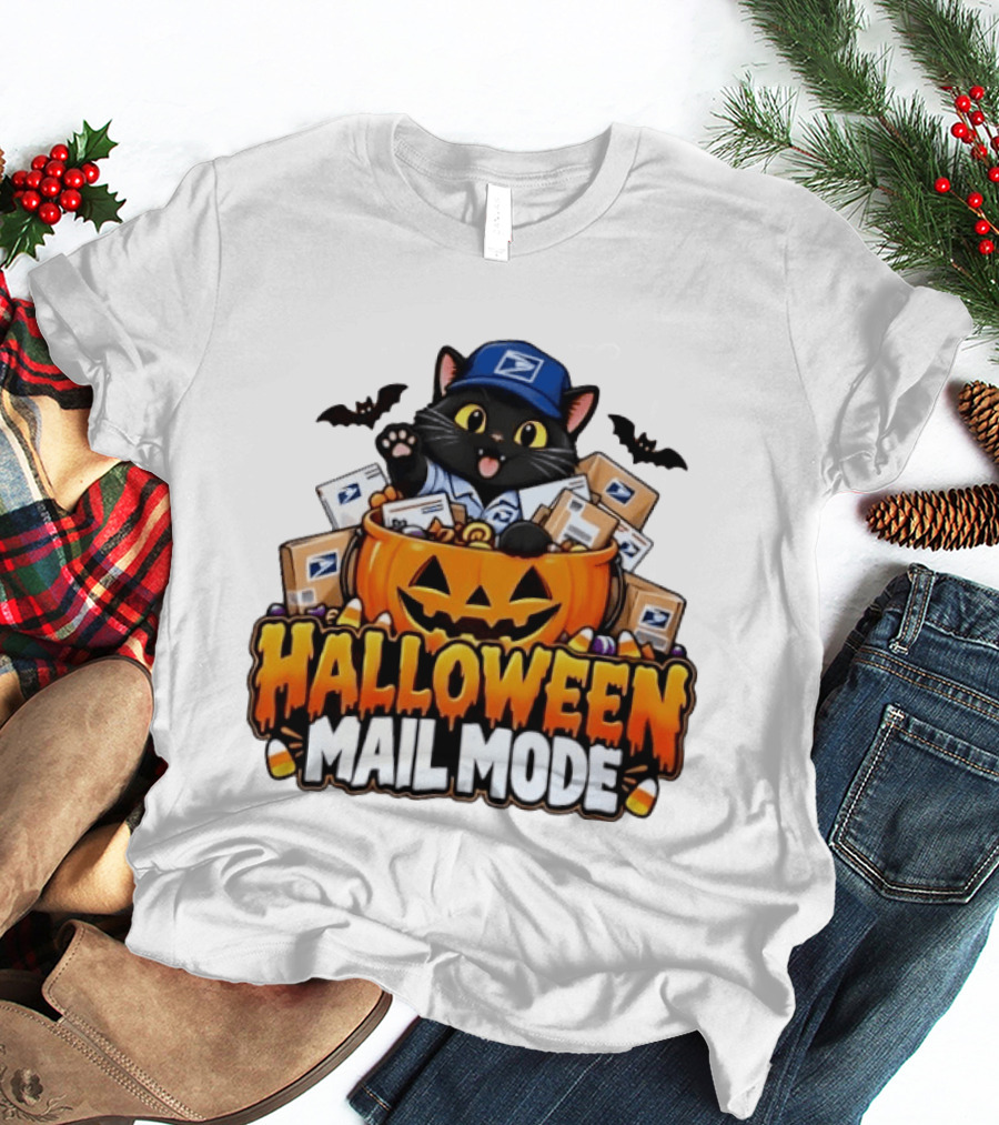 Halloween Mail Mode USPS Black Cat Pumpkin Postal Carrier T-Shirt
