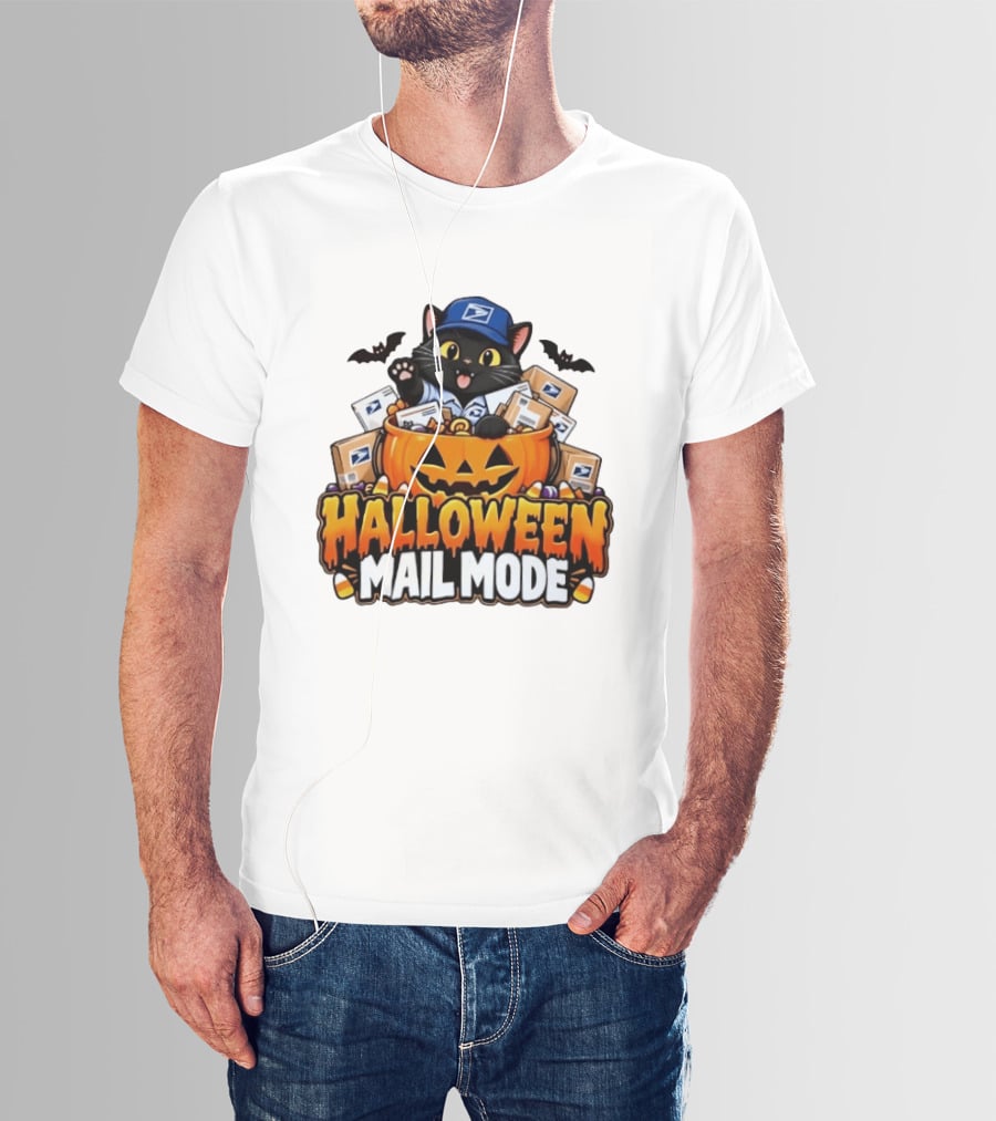 Halloween Mail Mode USPS Black Cat Pumpkin Postal Carrier T-Shirt